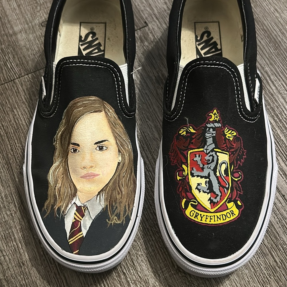Vans Shoes Slip ons Custom Painted Harry Potter/ Hermione and Gryffindor shield
